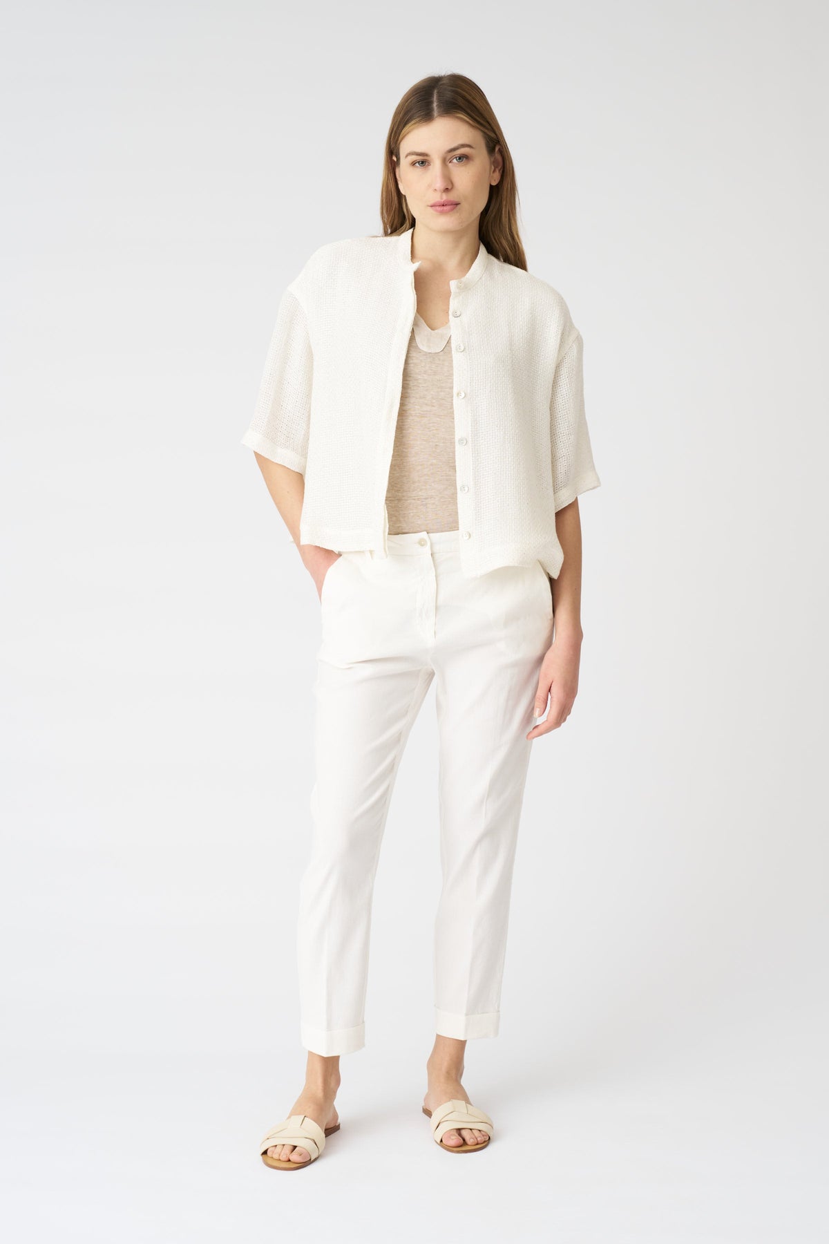Women's Linen Cropped Shirt with Dropped Shoulders – White, view 3