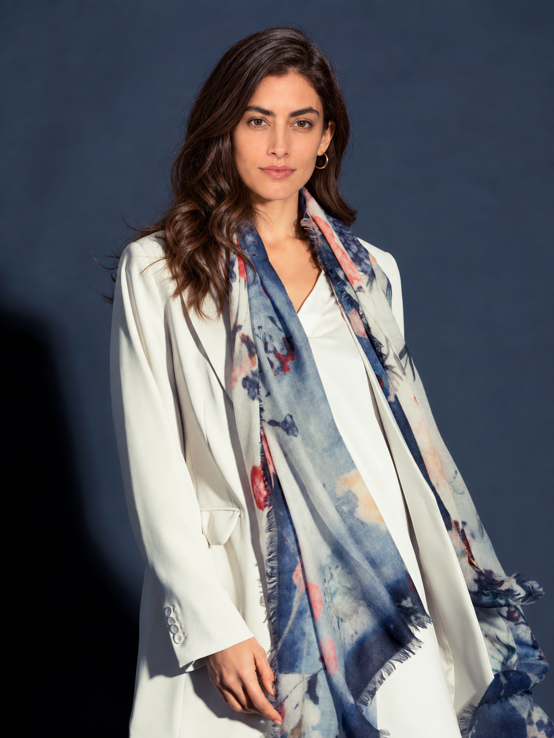 Oversized Ultrafine Pure Cashmere Floral Scarf Wrap Blue