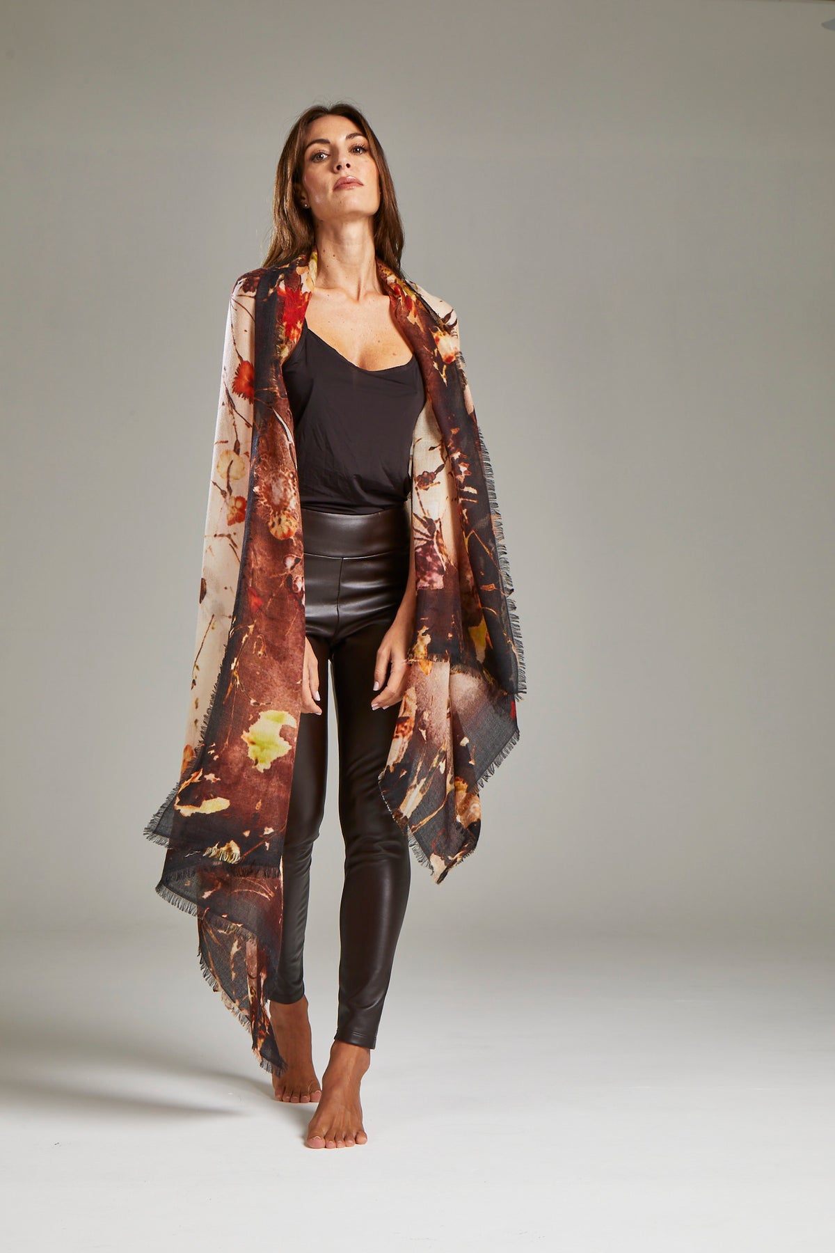 Oversized Ultrafine Pure Cashmere Floral Scarf Wrap Brown