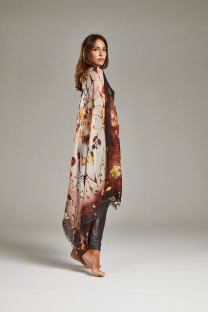 Oversized Ultrafine Pure Cashmere Floral Scarf Wrap Brown