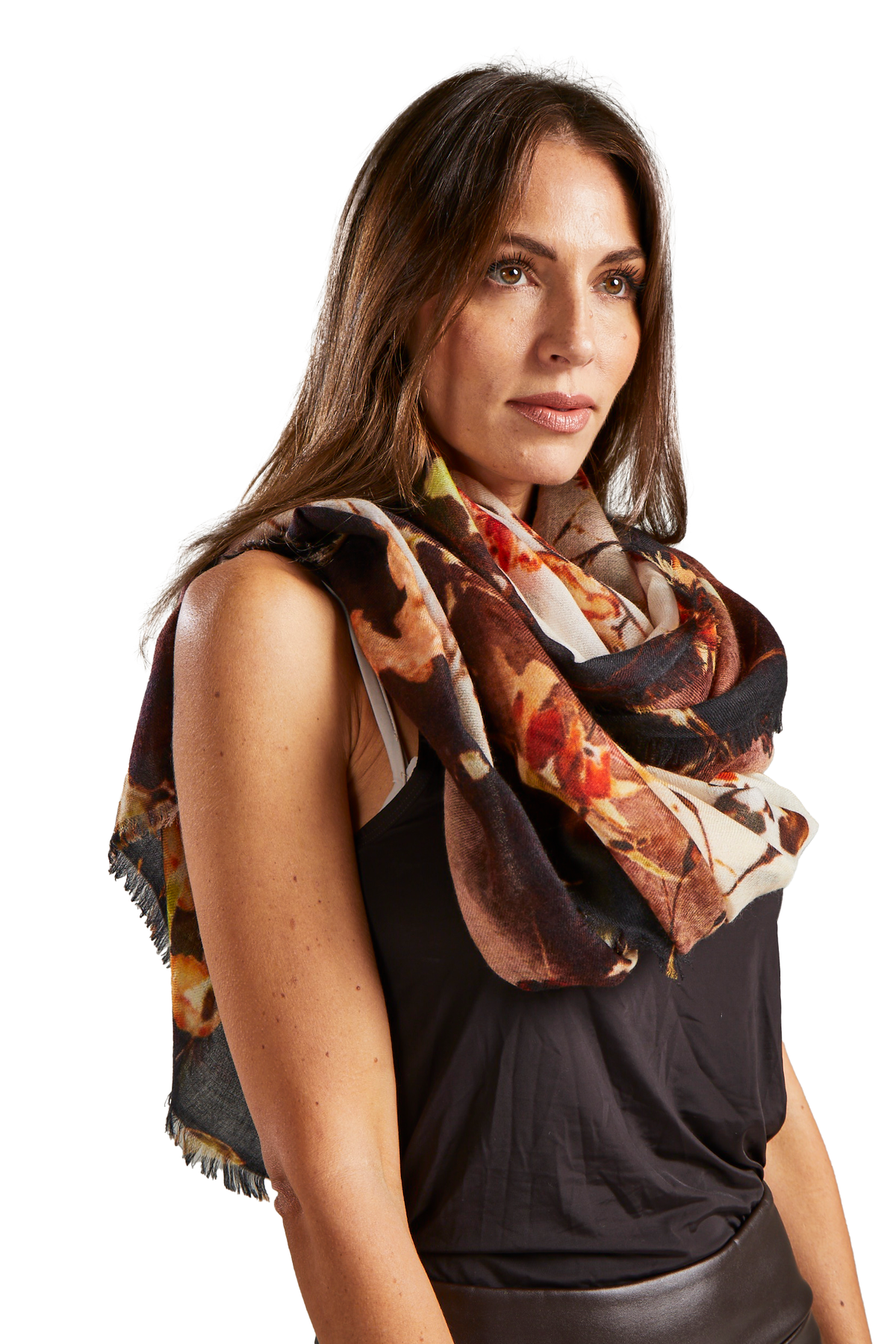 Oversized Ultrafine Pure Cashmere Floral Scarf Wrap Brown