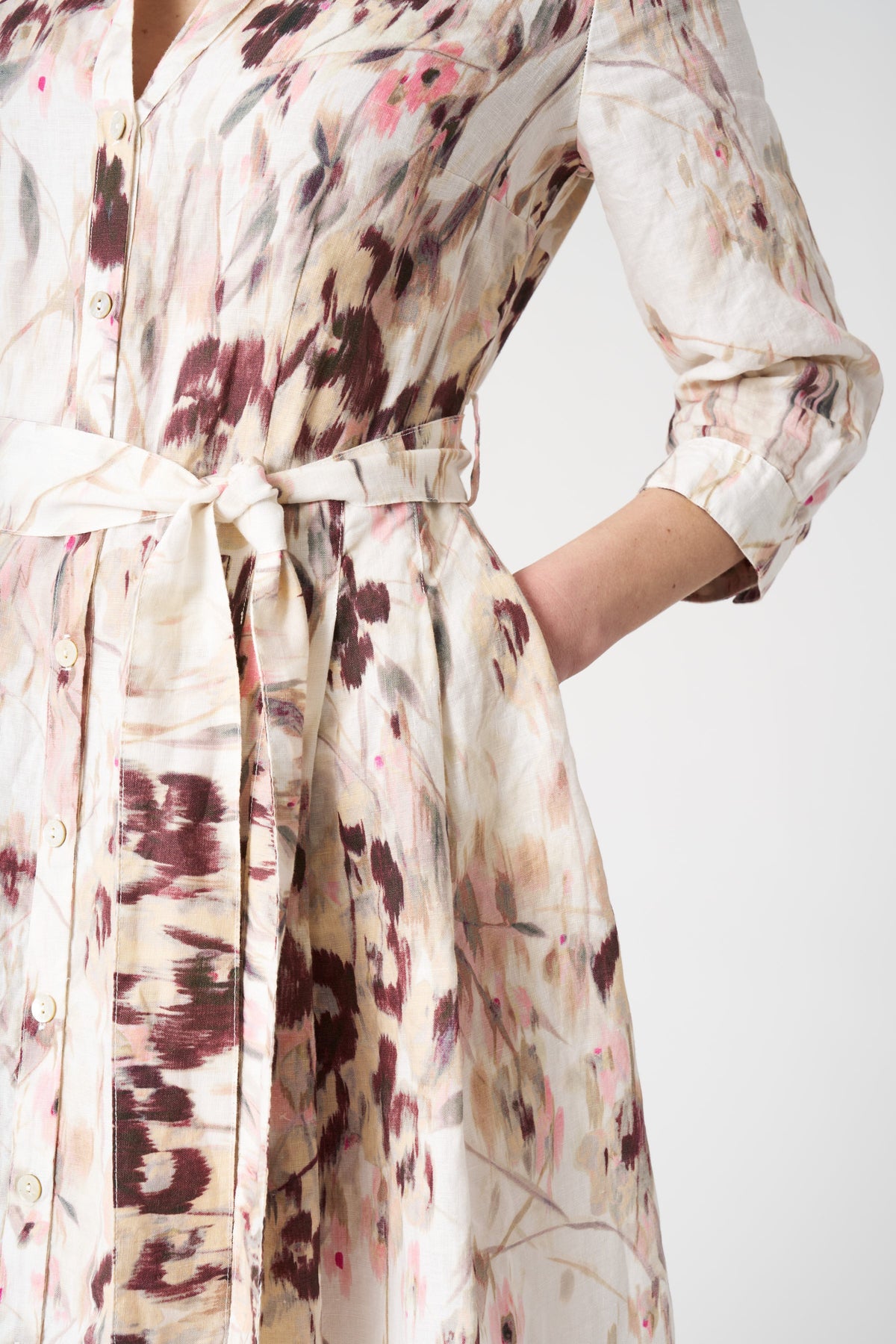 Women's Japanese Flower Linen Shirt Dress – Washed-Pink Print, view 2