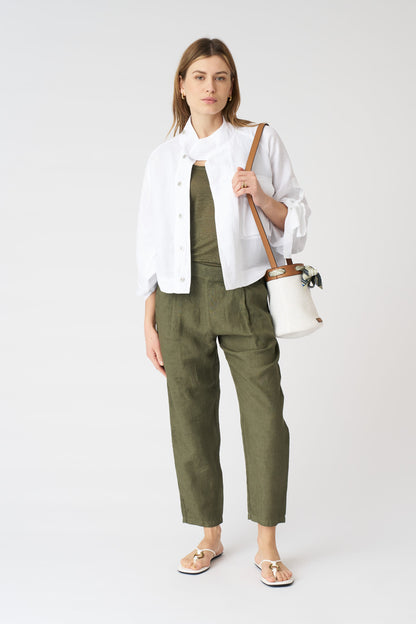 Women's Linen Jacket with Tie-Front Sleeves – White, view 3