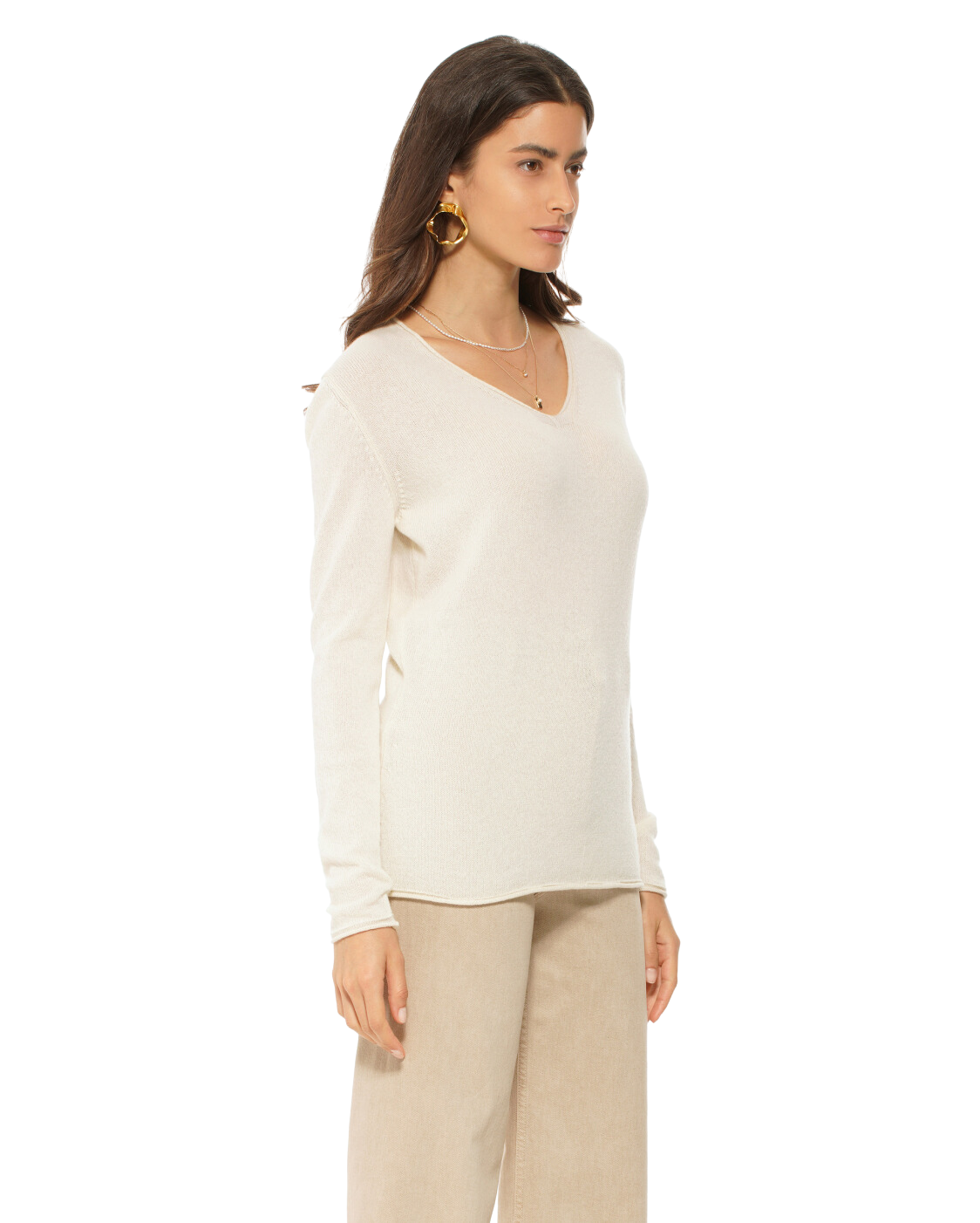 Monticelli Women's Ultra-Light Cashmere V-Neck Sweater Milk White 3