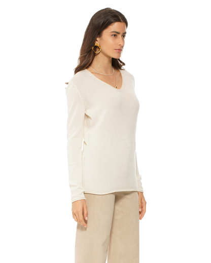 Monticelli Women's Ultra-Light Cashmere V-Neck Sweater Milk White 2