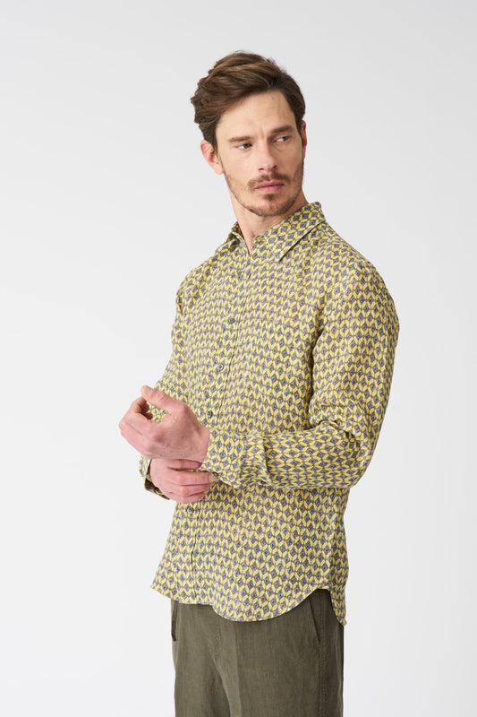 Men's Geometric Yellow Regular Fit Linen Shirt – Washed-Yellow Print, view 1