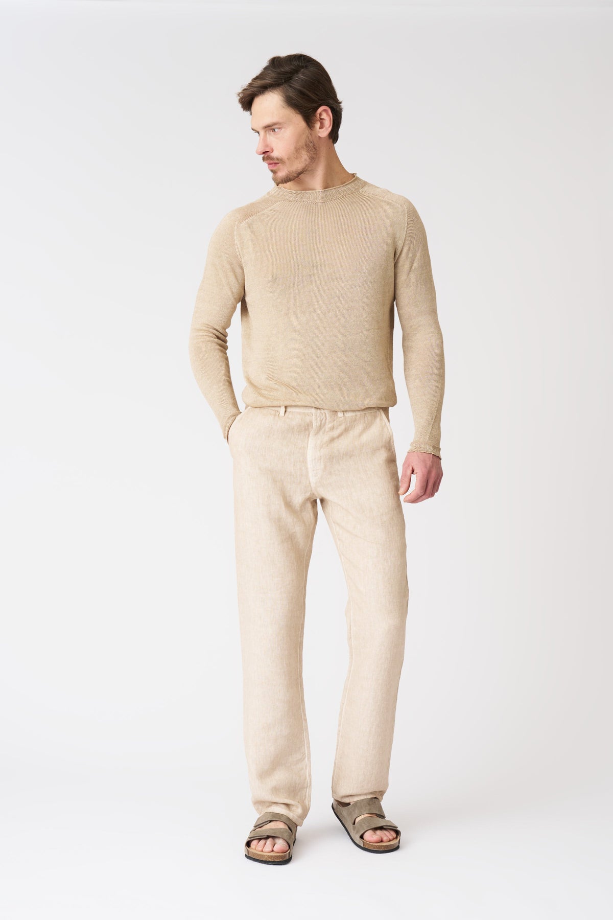 Men's Linen Crewneck Sweater – Beige Soft Fade, view 3