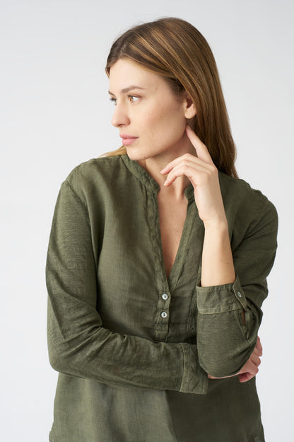 Women's Linen Blouse with Side Slits – Caffe Soft Fade, view 2