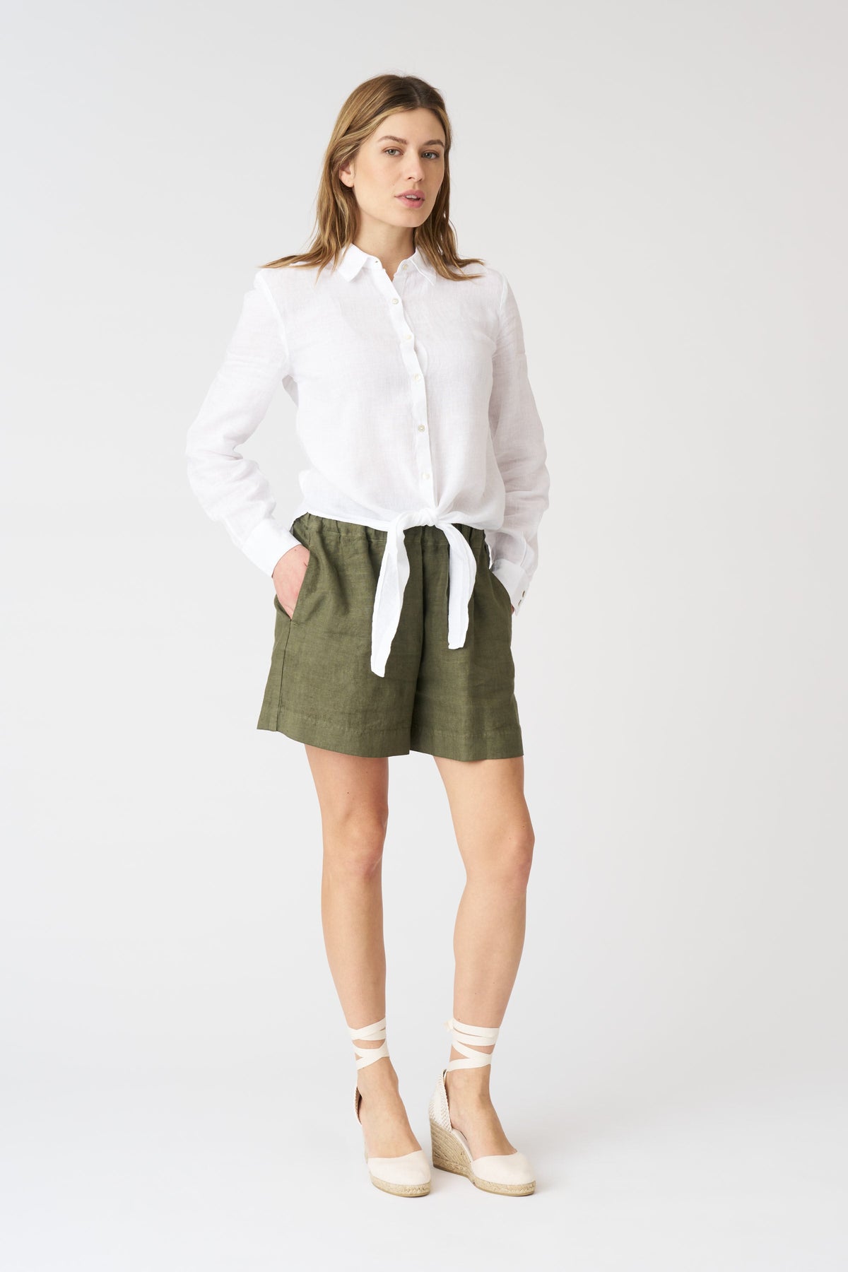 Women's Linen Shirt with Tie Detail – White, view 3
