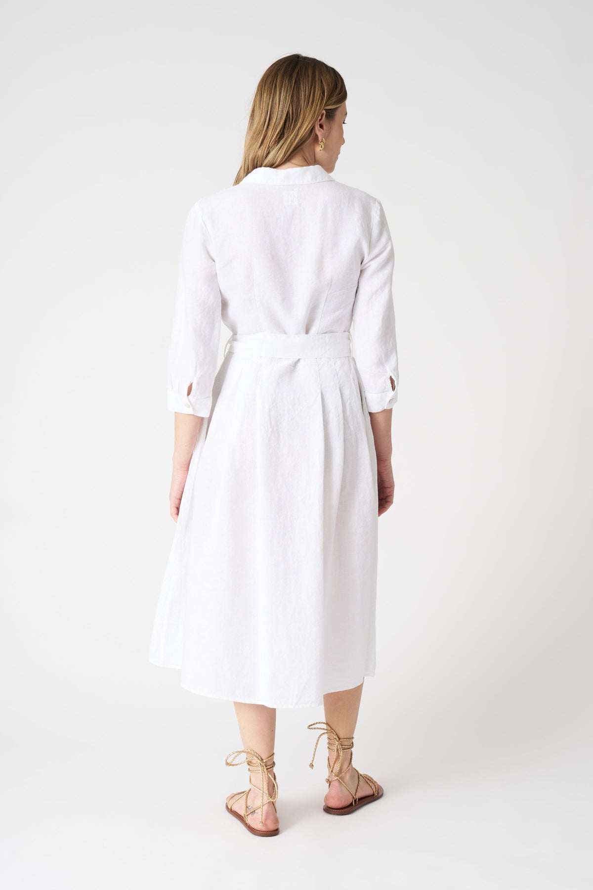 Women's Linen V-Neck Shirt Dress with Belt – White, view 3