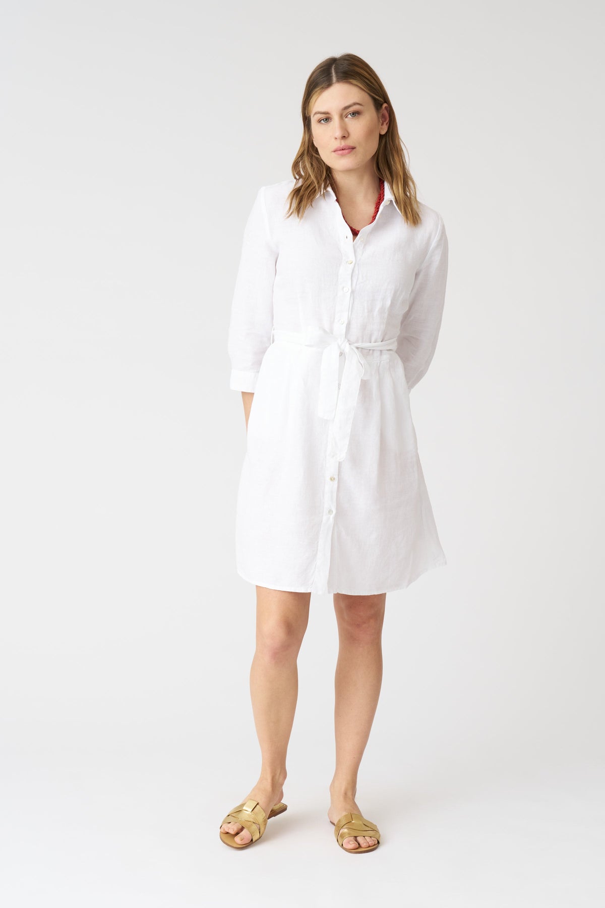 Women's Linen Shirt Dress with Belt – White, view 1
