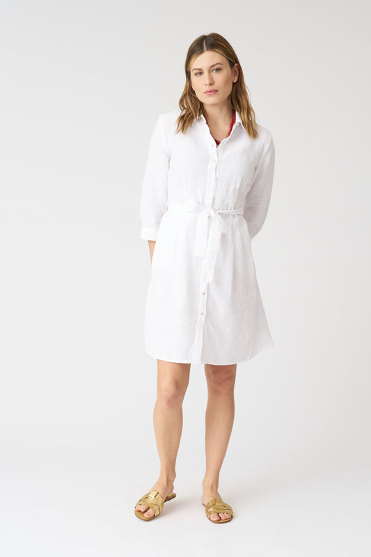 Women's Linen Shirt Dress with Belt – White, view 1