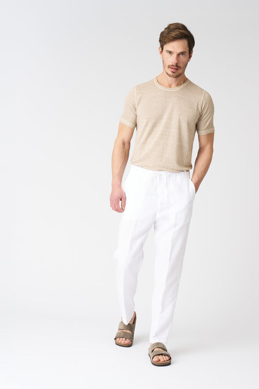 Men's Linen Drawstring Pants with Pleats – White, view 1