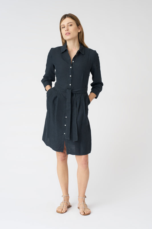 Women's Linen Shirt Dress with Belt – Night Blue, view 1