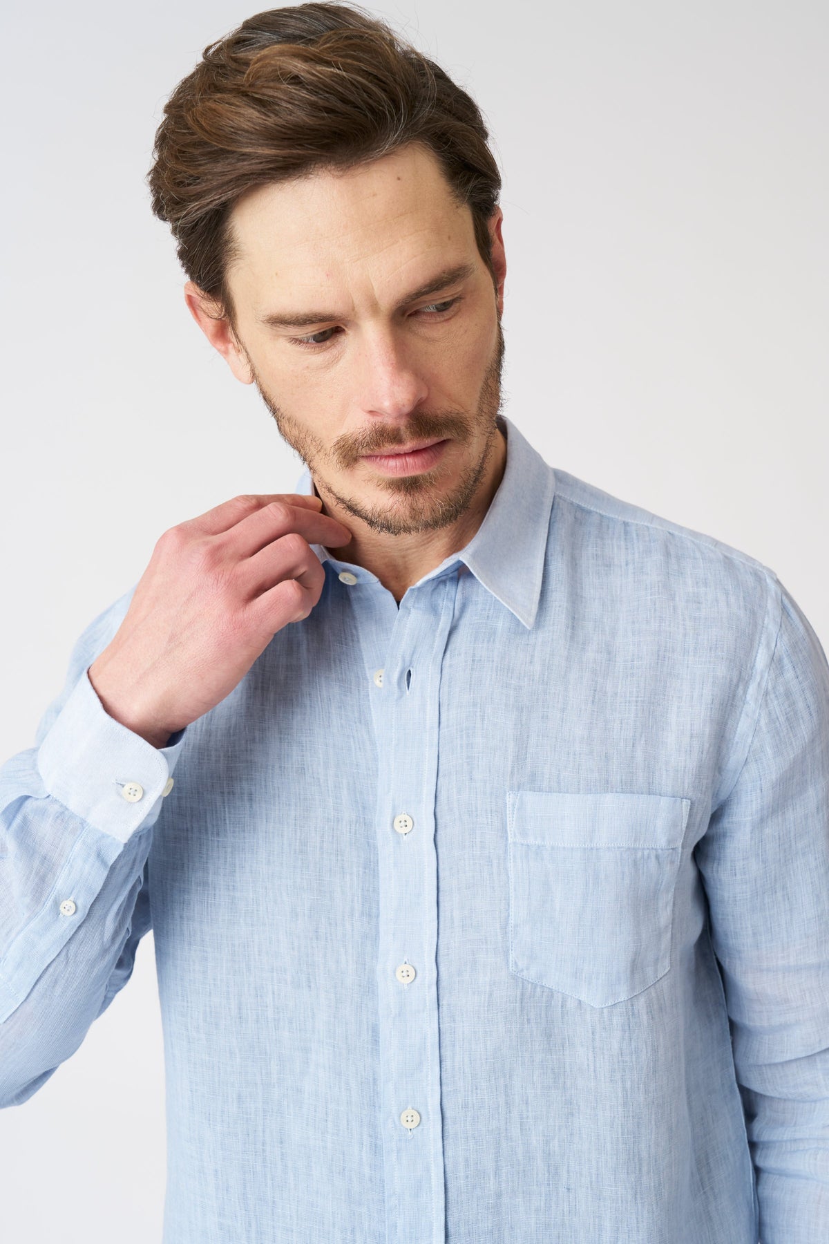 Men's Italian Collar Regular Fit Linen Shirt with Pocket – Sky Soft Fade, view 2