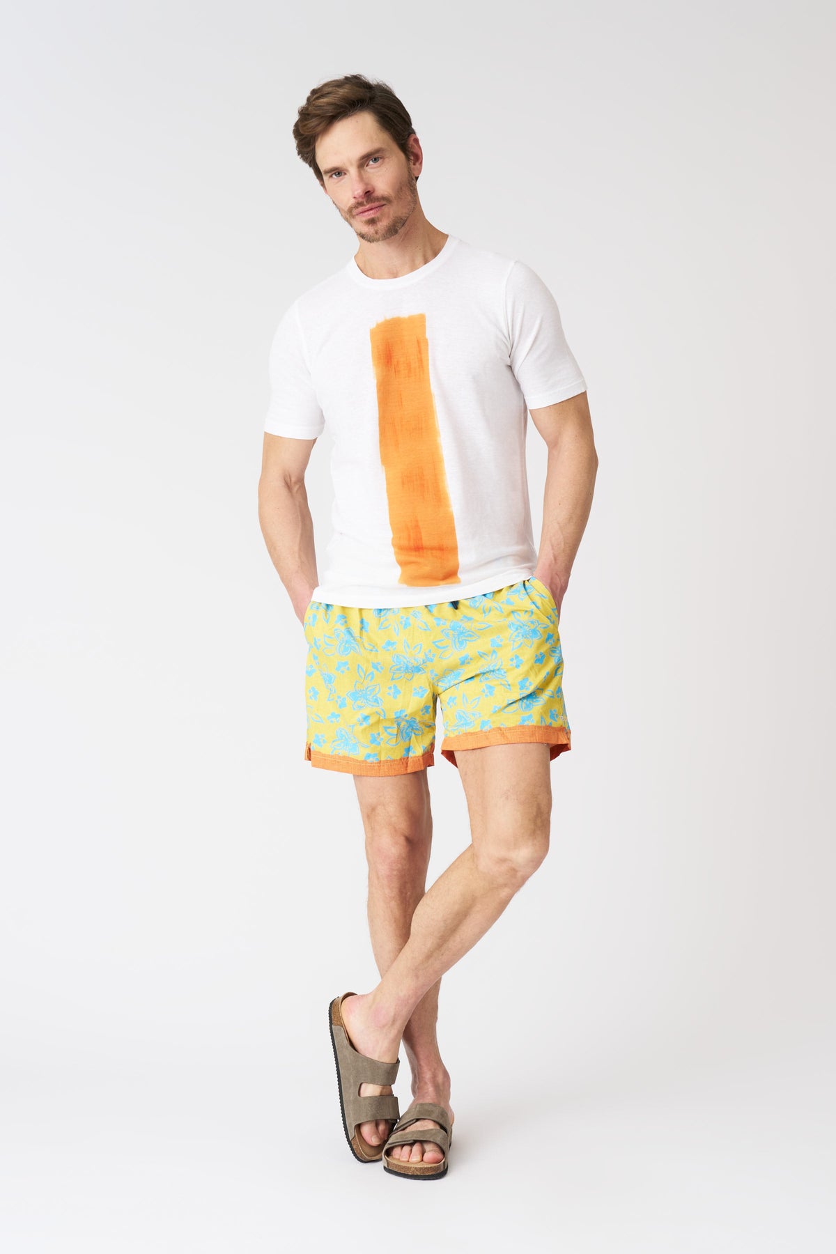 Men's Linen Painted Flower with Contrast Stripe Swim Trunks – Print + Ocra, view 1