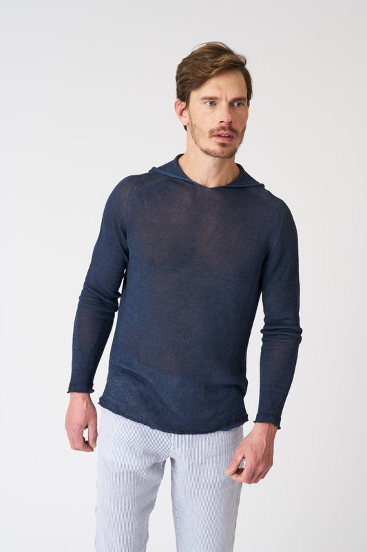 Men's Linen Hooded Sweater – Navy Fade, view 1