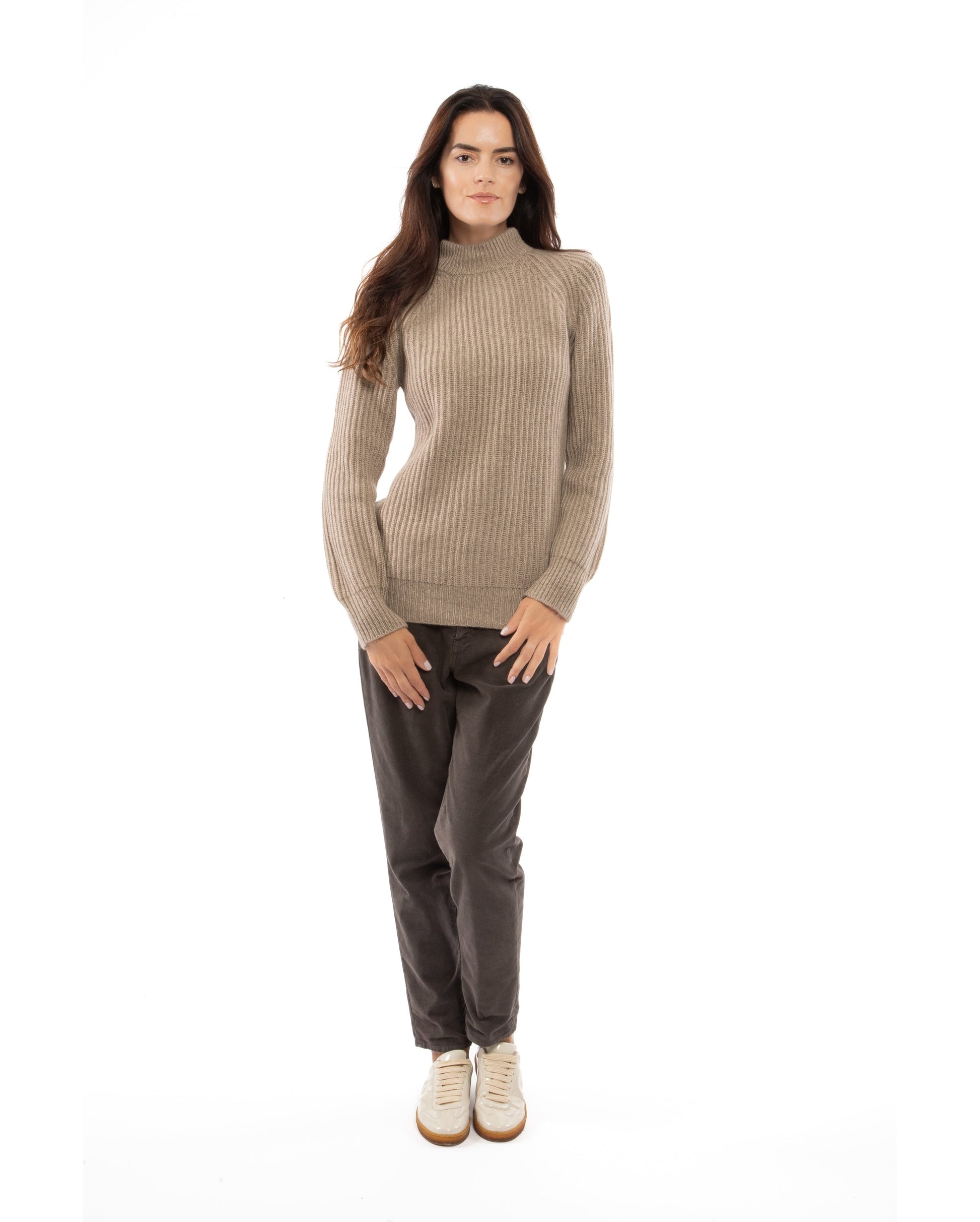 Fisherman Rib Womens Cashmere Crew Neck Made In Italy Taupe 5