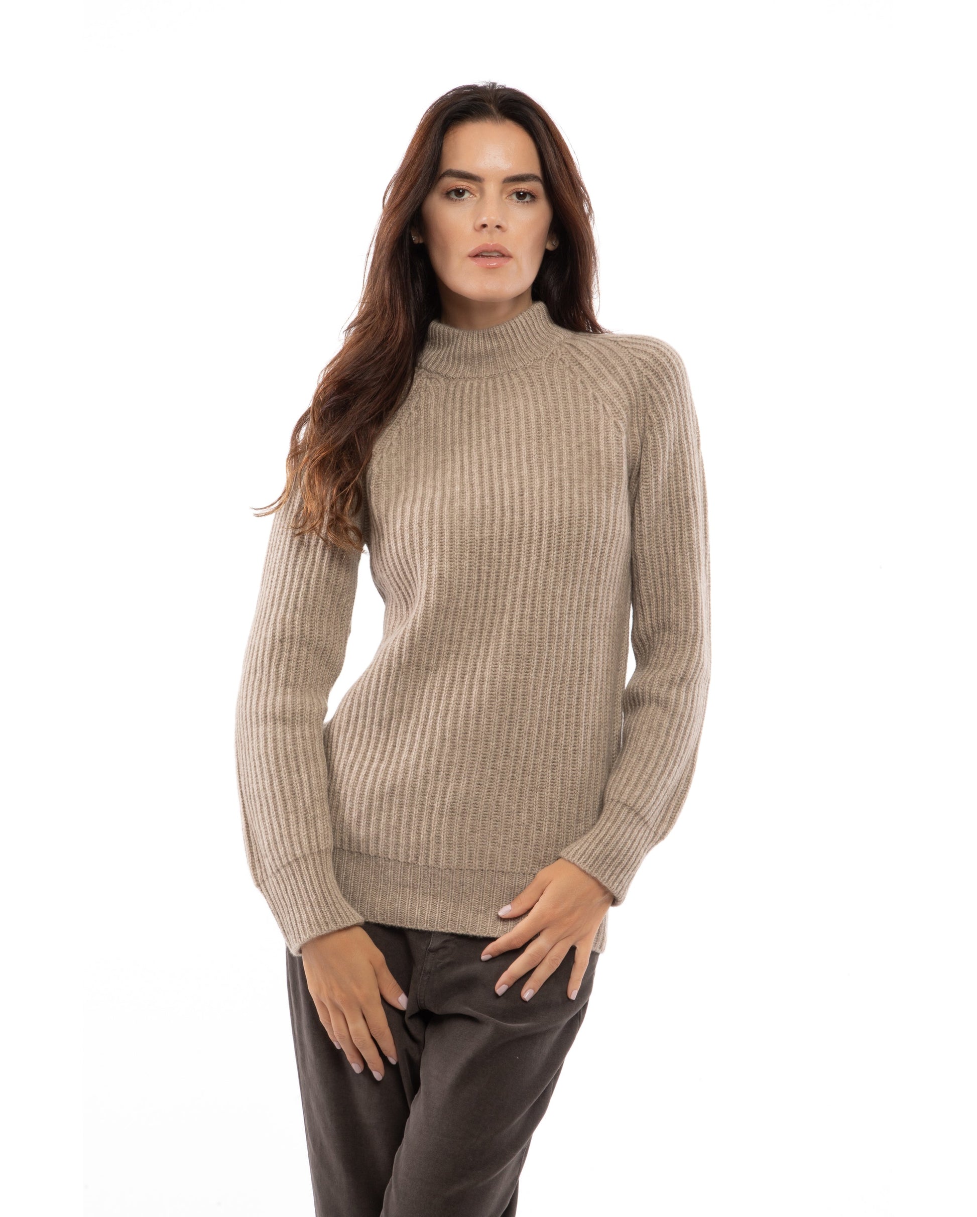 Fisherman Rib Womens Cashmere Crew Neck Made In Italy Taupe 3