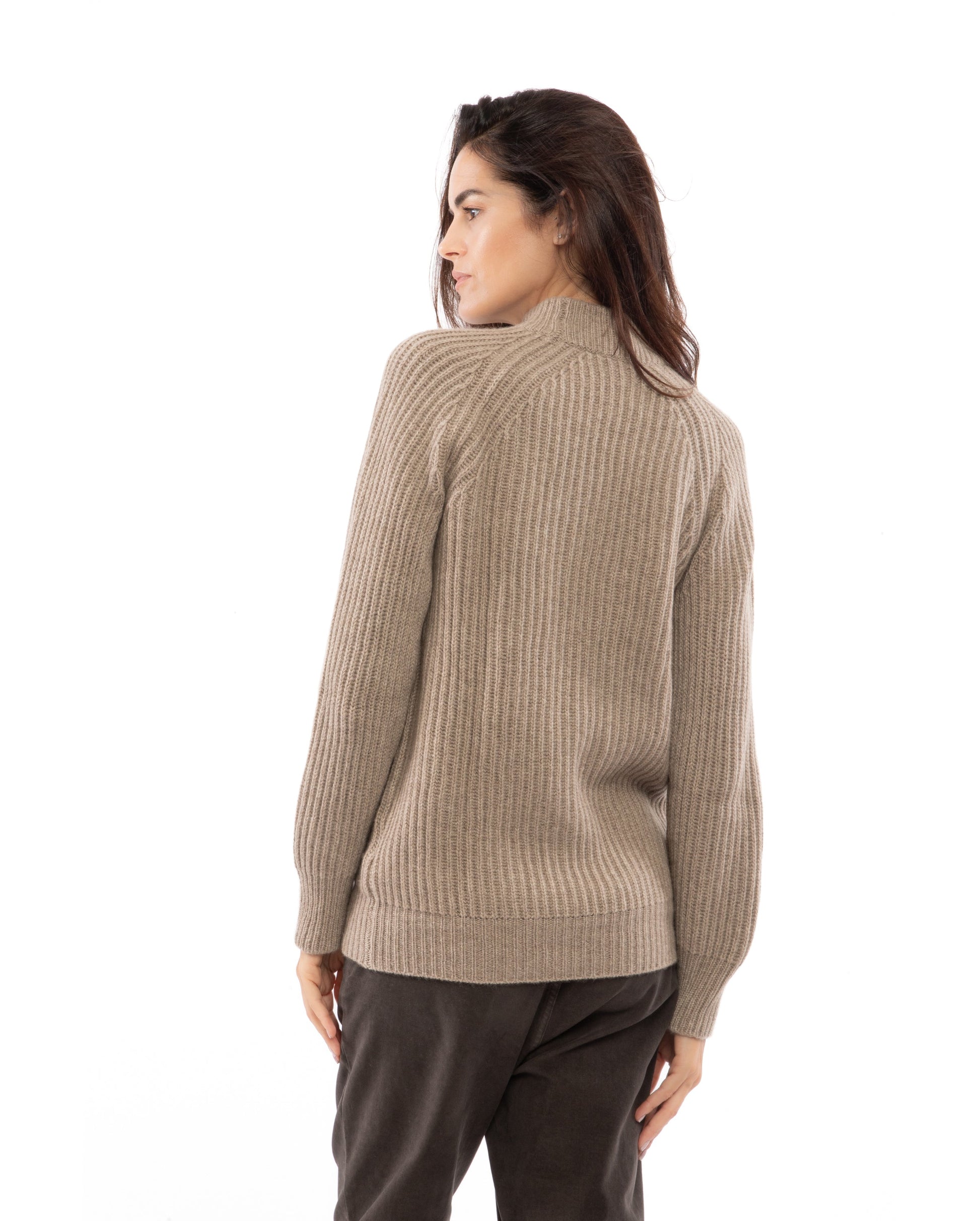 Fisherman Rib Womens Cashmere Crew Neck Made In Italy Taupe 7
