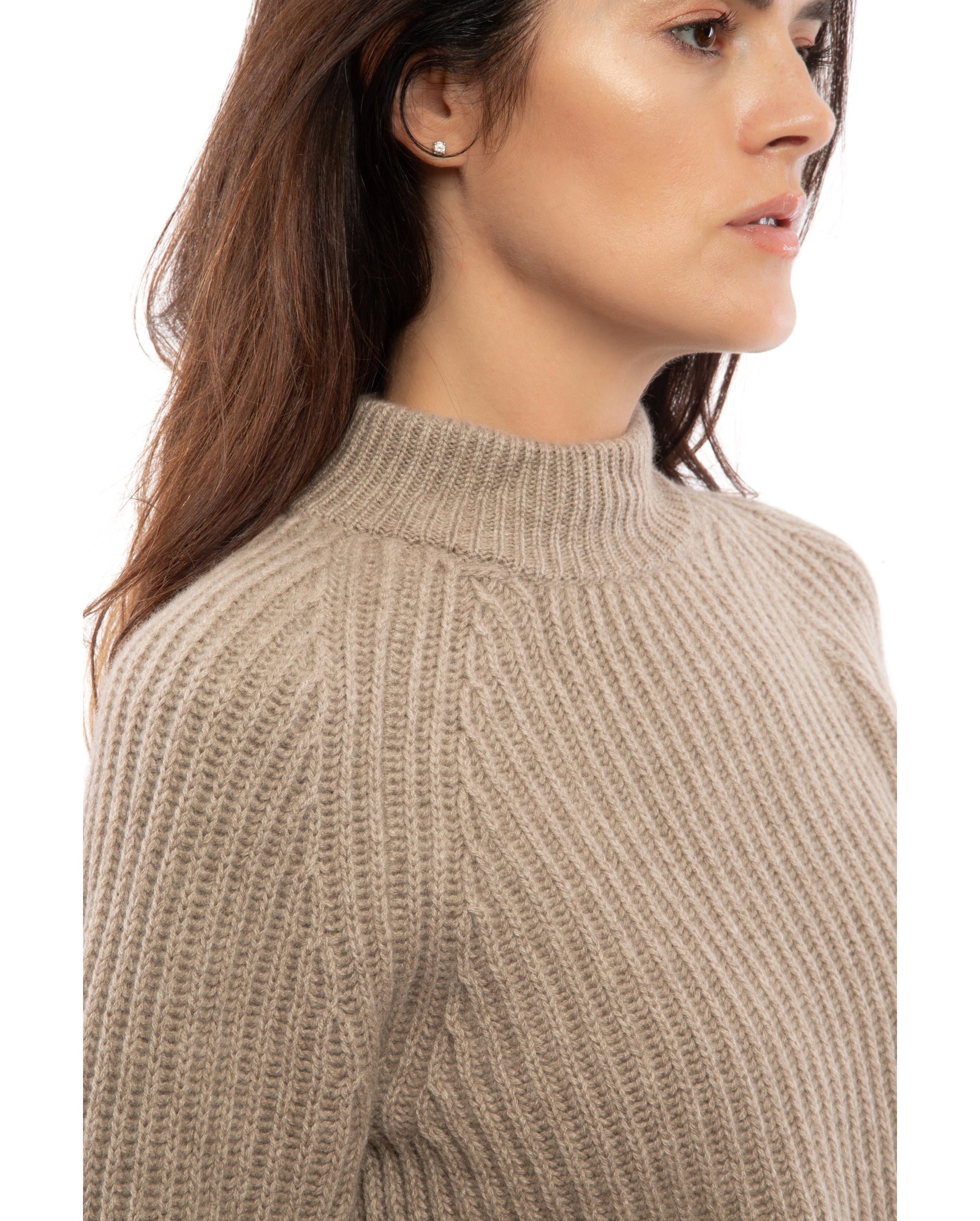 Fisherman Rib Womens Cashmere Crew Neck Made In Italy Taupe 4
