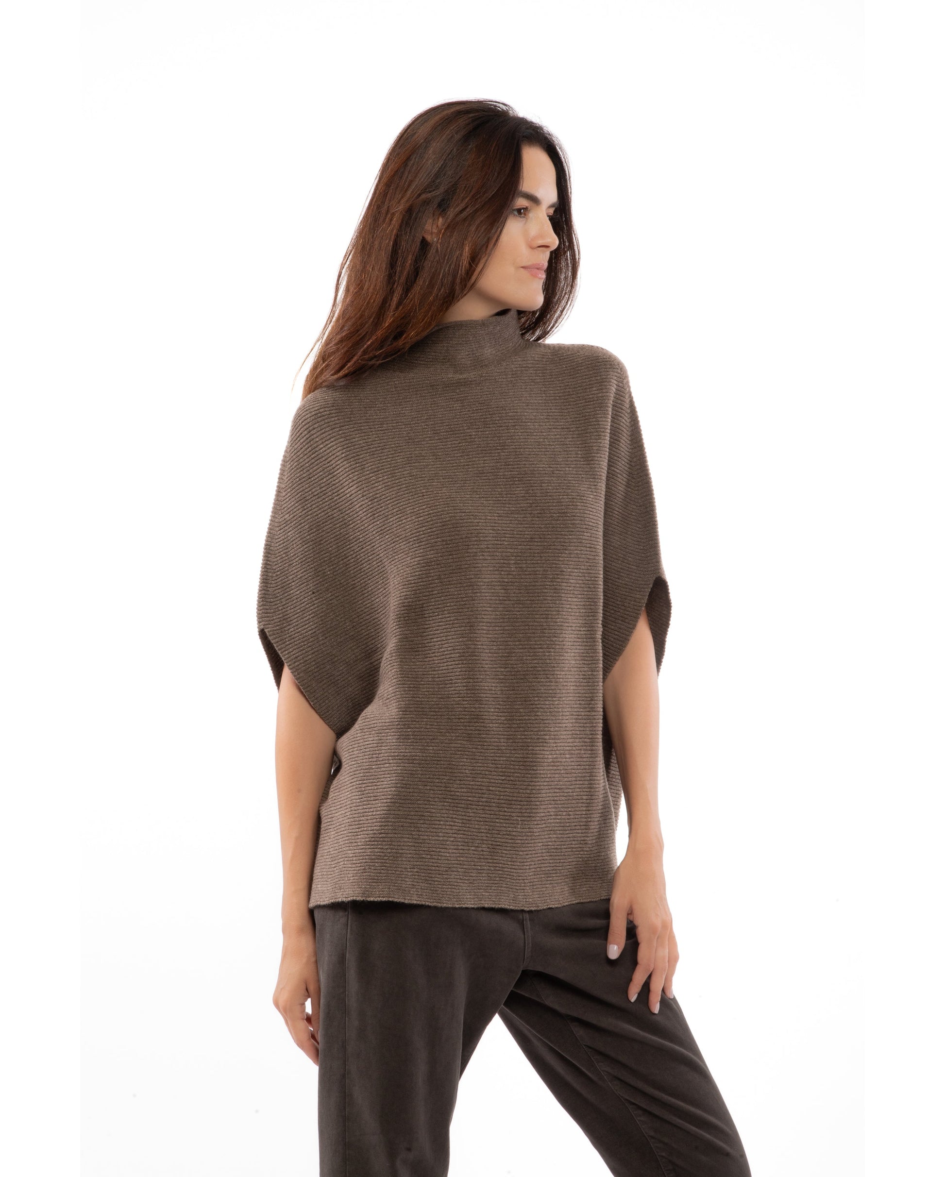 Funnel Neck Poncho Cashmere Brown 6 Made In Italy