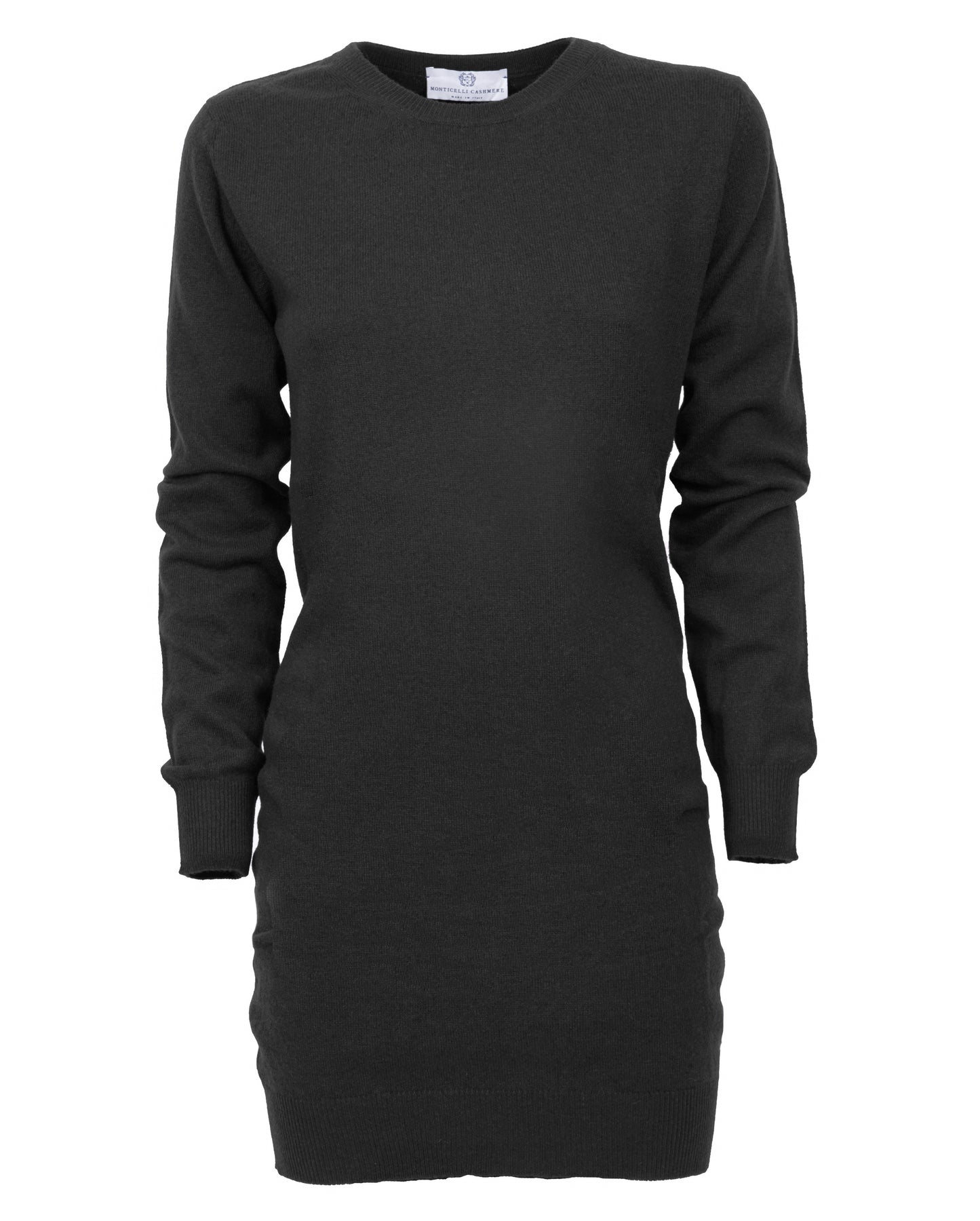 Womens Cashmere Knitted Dress Crew Neck Made In Italy Black 1