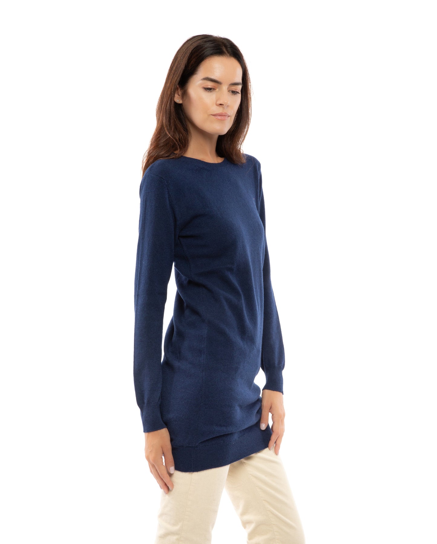 Womens Cashmere Knitted Dress Crew Neck Made In Italy Melange Blue 4