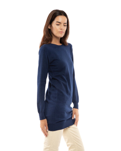 Womens Cashmere Knitted Dress Crew Neck Made In Italy Melange Blue 6