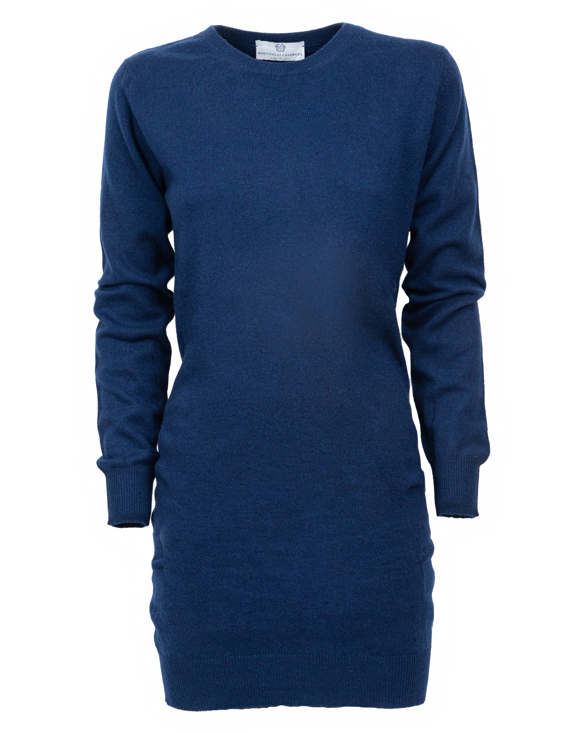 Womens Cashmere Knitted Dress Crew Neck Made In Italy Melange Blue 6