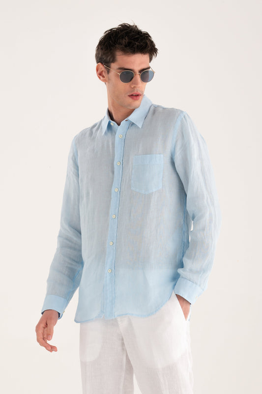 Men's Long-Sleeve Regular Fit Linen Shirt with Chest Pocket – Baby Blue, view 1
