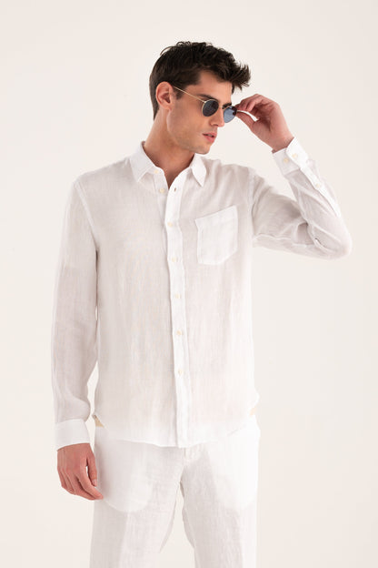 Men's Long-Sleeve Regular Fit Linen Shirt with Chest Pocket – White, view 1