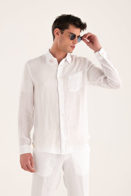 Men's Long-Sleeve Regular Fit Linen Shirt with Chest Pocket – White, view 1