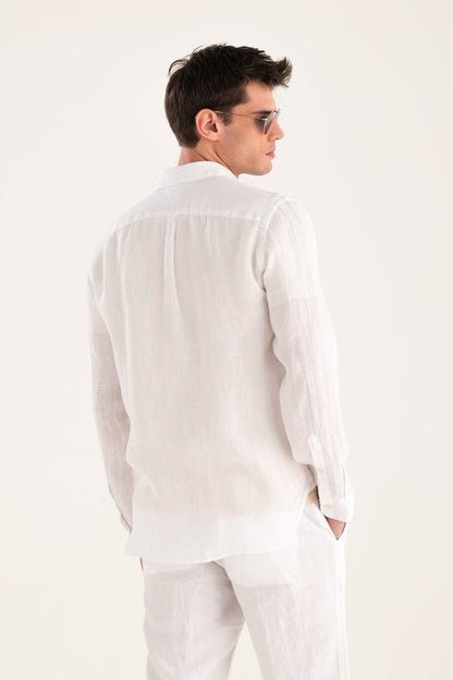 Men's Long-Sleeve Regular Fit Linen Shirt with Chest Pocket – White, view 2