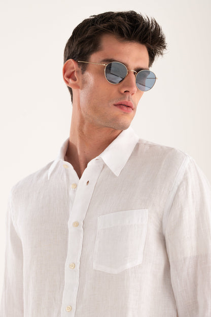 Men's Long-Sleeve Regular Fit Linen Shirt with Chest Pocket – White, view 3