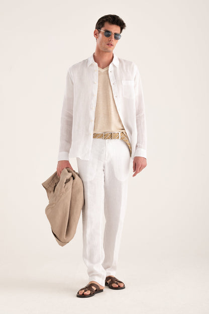 Men's Long-Sleeve Regular Fit Linen Shirt with Chest Pocket – White, view 4