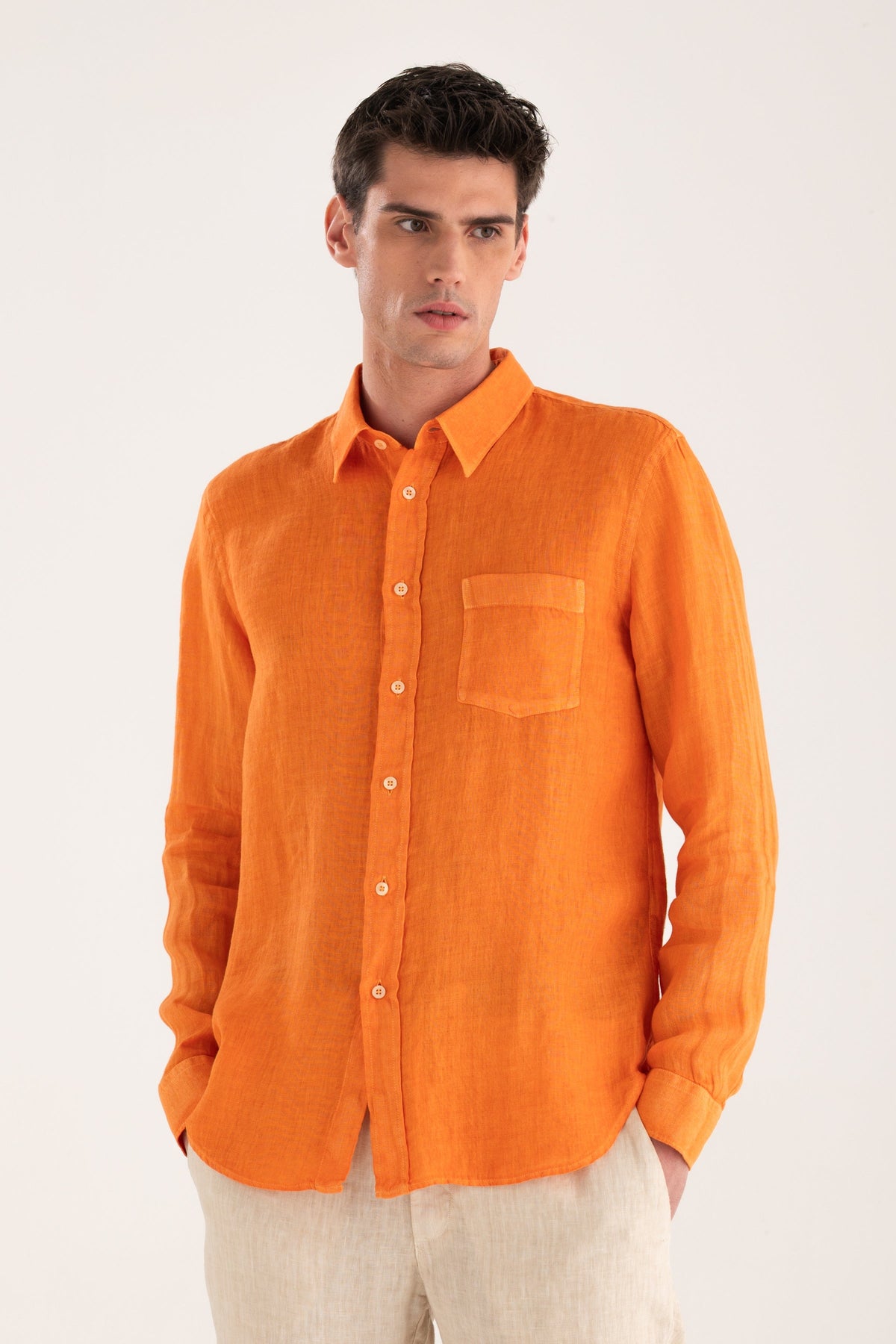 Men's Classic Regular Fit Linen Shirt with Pocket – Tangerine, view 1