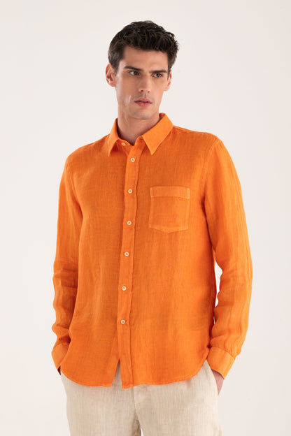 Men's Classic Regular Fit Linen Shirt with Pocket – Tangerine, view 1