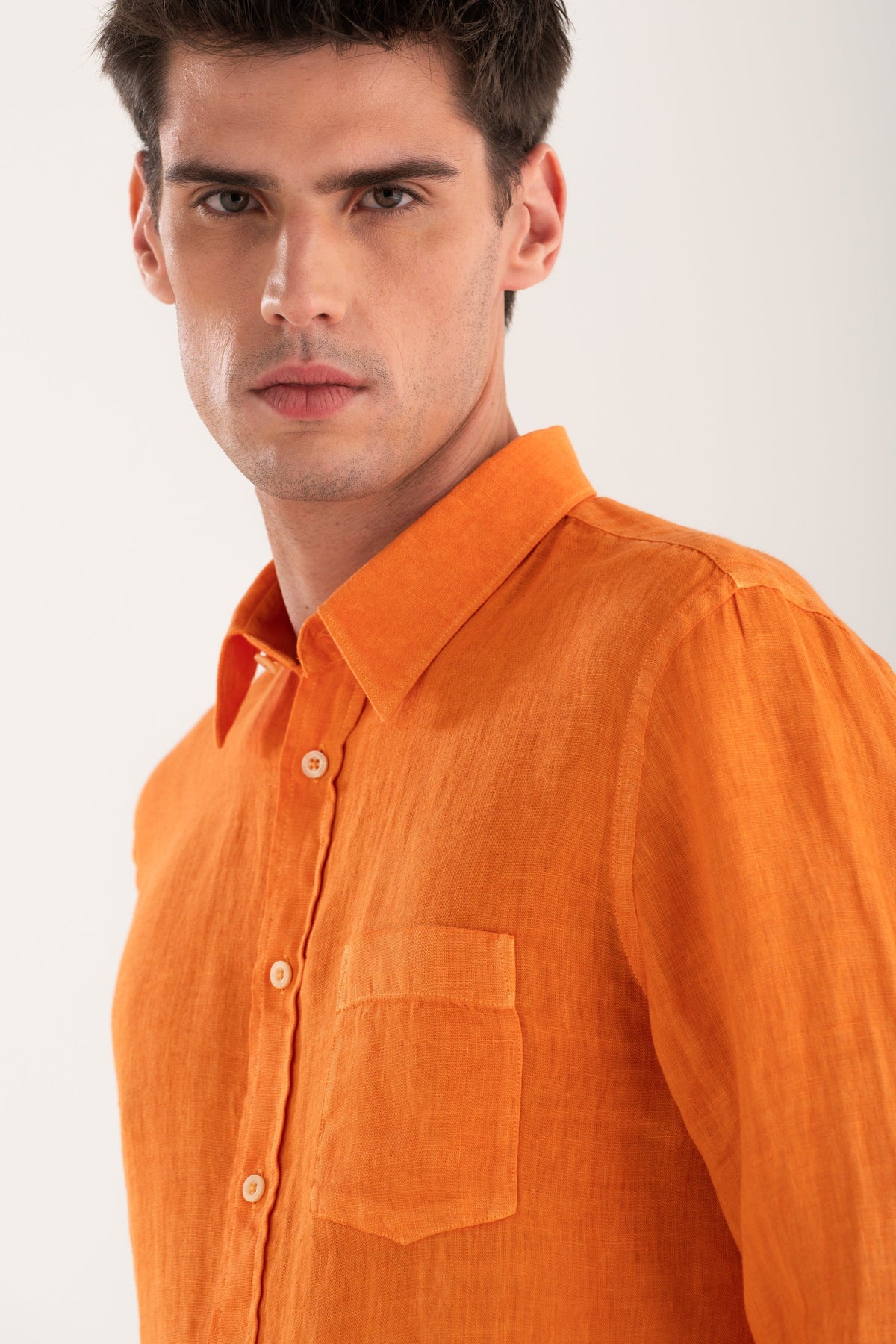 Men's Classic Regular Fit Linen Shirt with Pocket – Tangerine, view 3