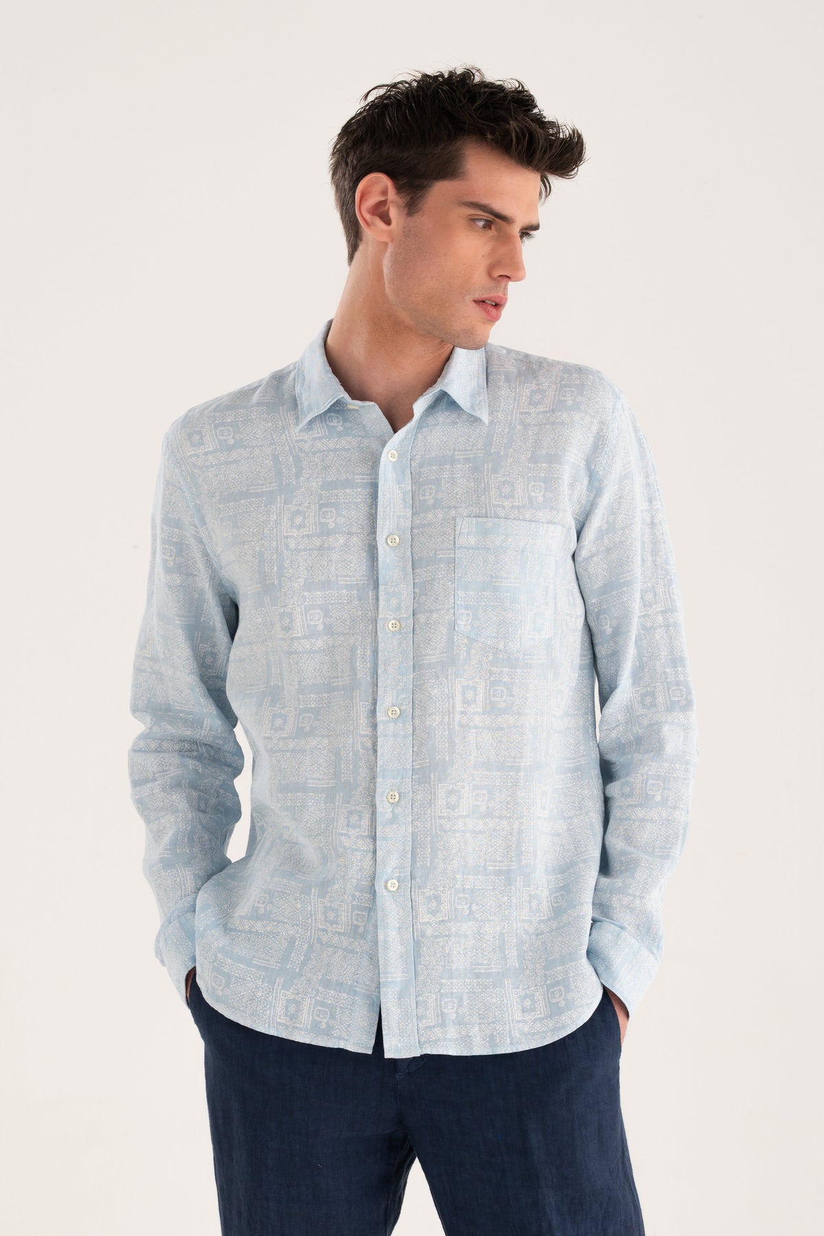 Men's Regular Fit Mosaic Linen Shirt – Baby Blue, view 1