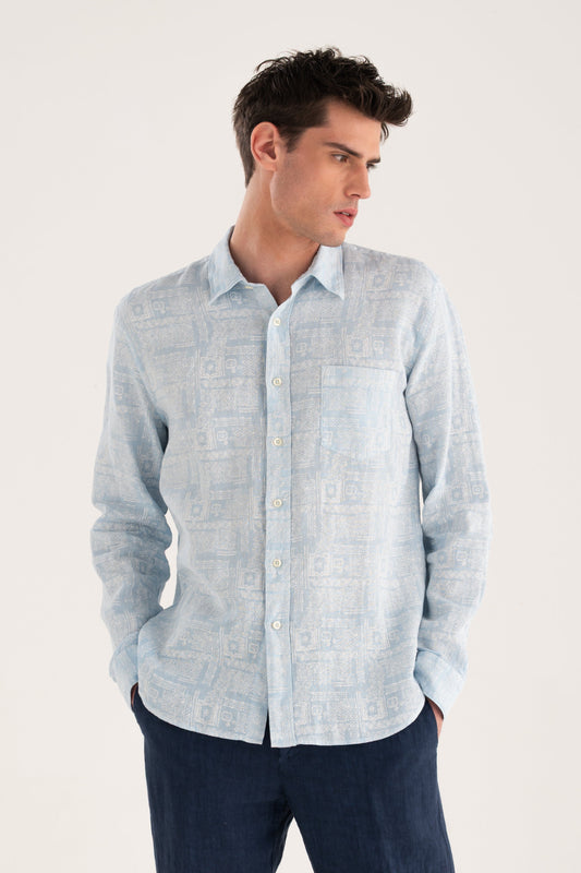 Men's Regular Fit Mosaic Linen Shirt – Baby Blue, view 1