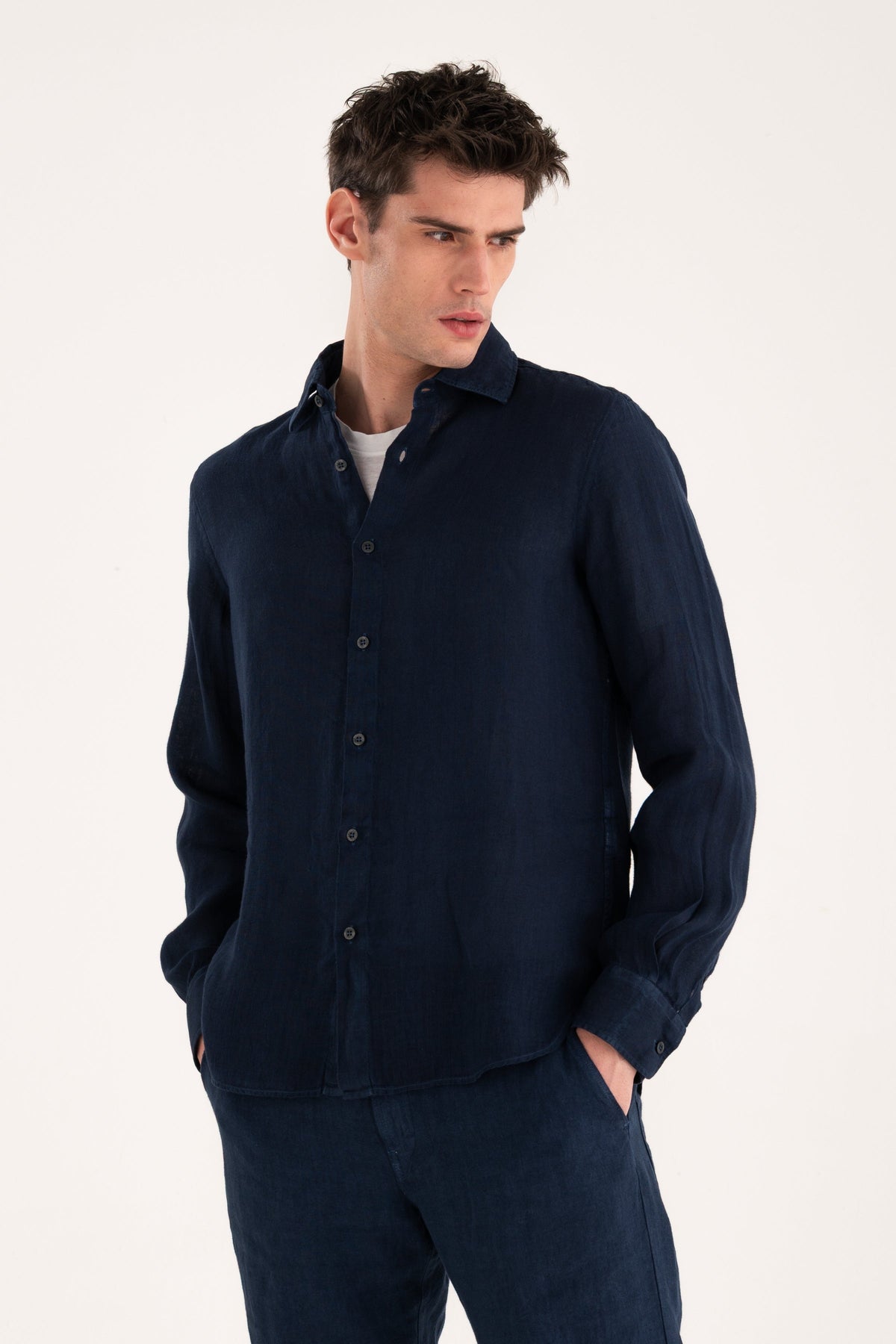 Men's Long-Sleeve Contemporary Fit Linen Shirt – Navy Fade, view 1