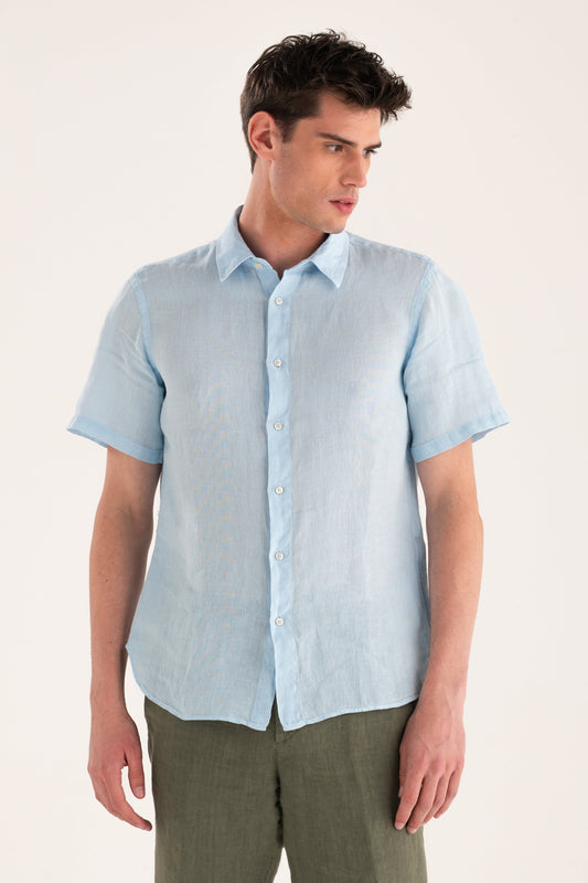 Men's Short-Sleeve Contemporary Fit Linen Shirt – Baby Blue, view 1