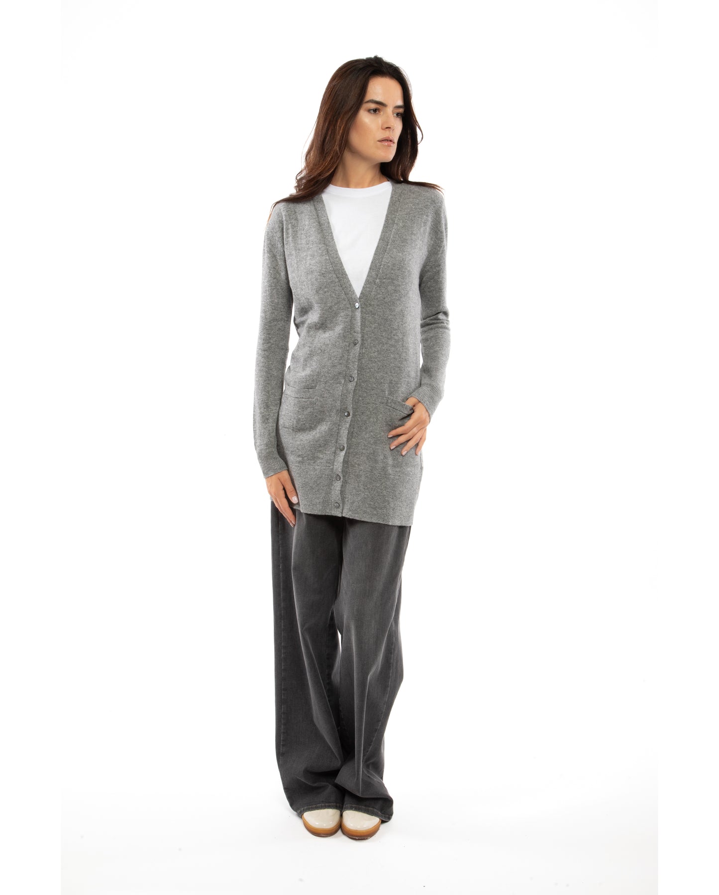 Women's Long Pure Cashmere Cardigan Sweater Melange Gray