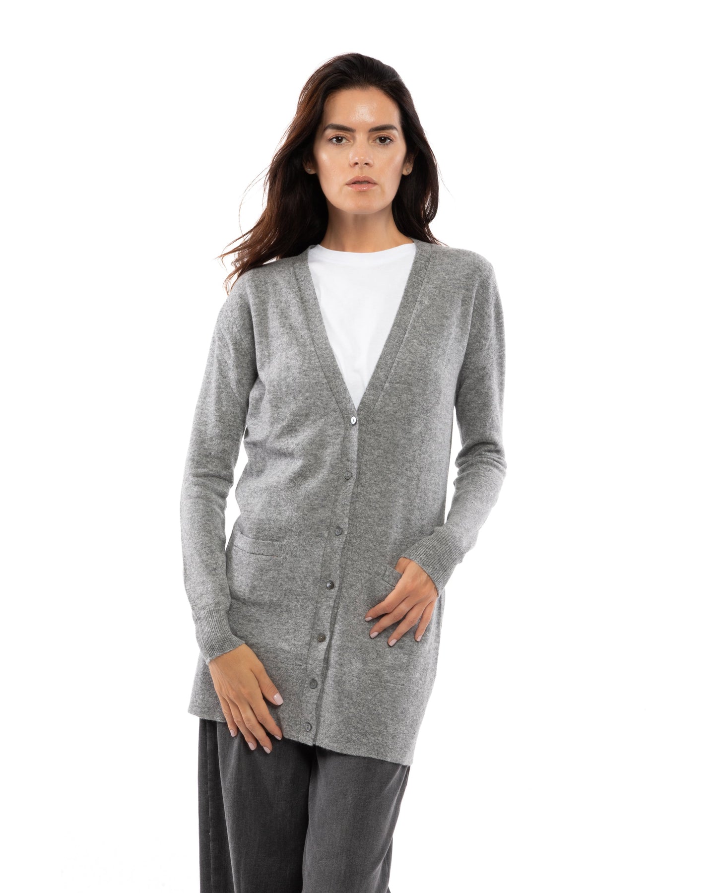 Long Cardigan Sweater Pure Cashmere Made In Italy Melange Gray 3