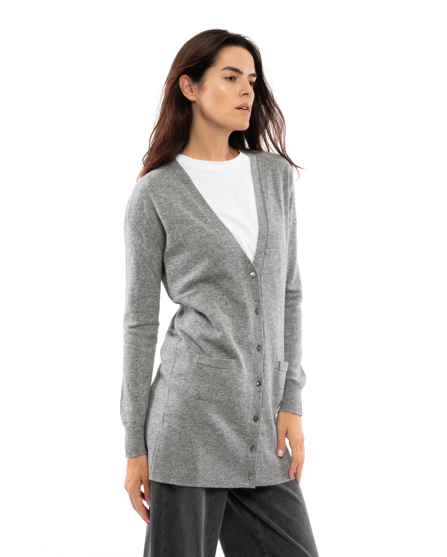 Women's Long Pure Cashmere Cardigan Sweater Melange Gray