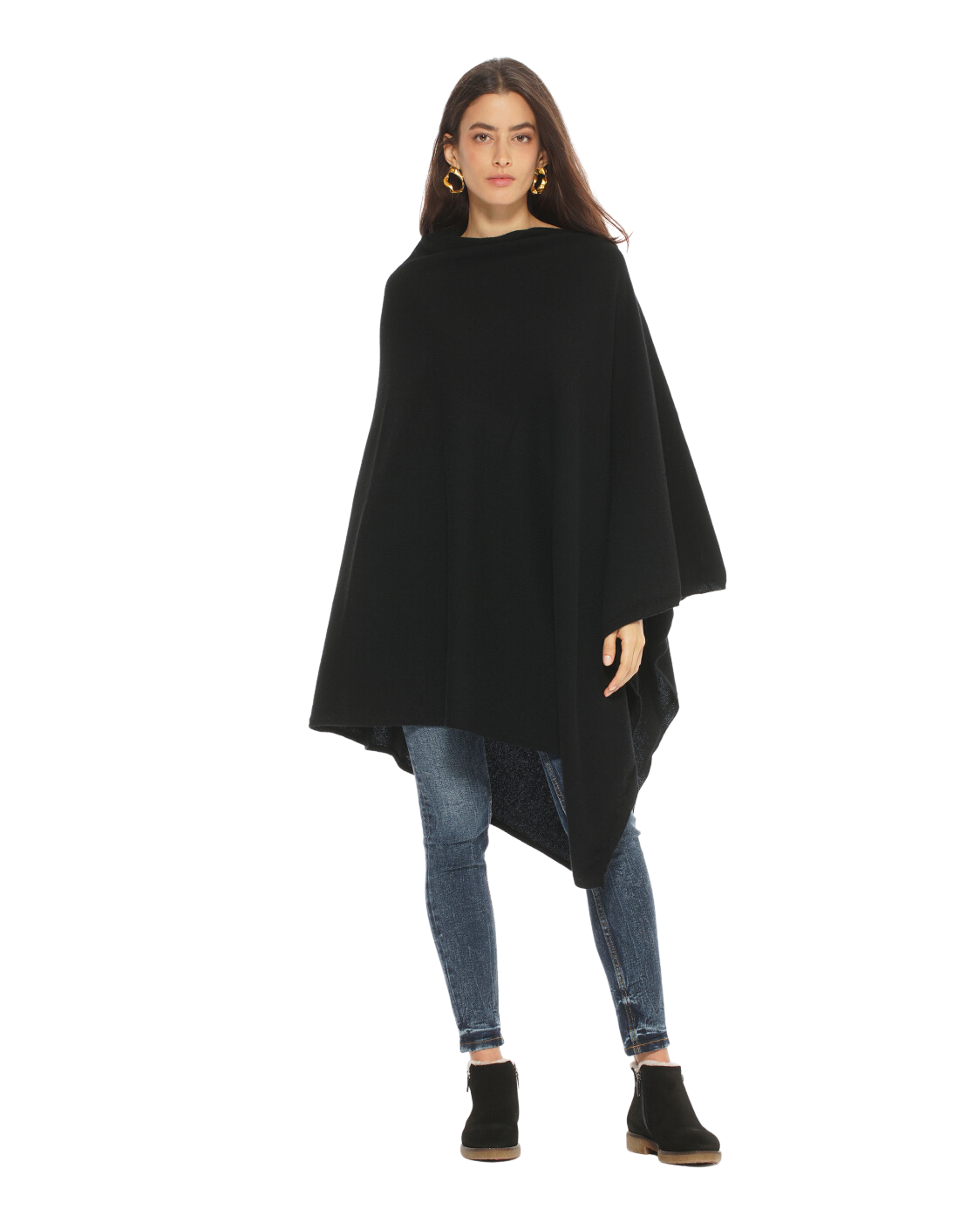 Monticelli Women's Long Pure Cashmere Poncho Made In Italy Black 4