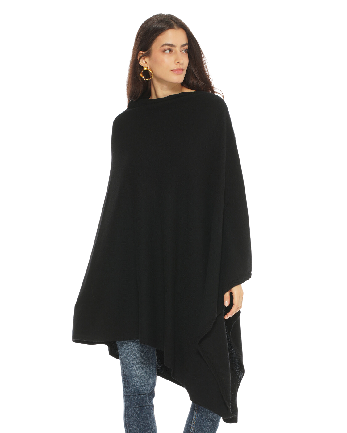 Monticelli Women's Long Pure Cashmere Poncho Made In Italy Black 1