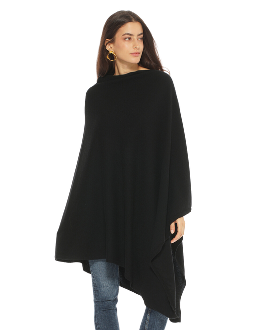 Monticelli Women's Long Pure Cashmere Poncho Made In Italy Black 1