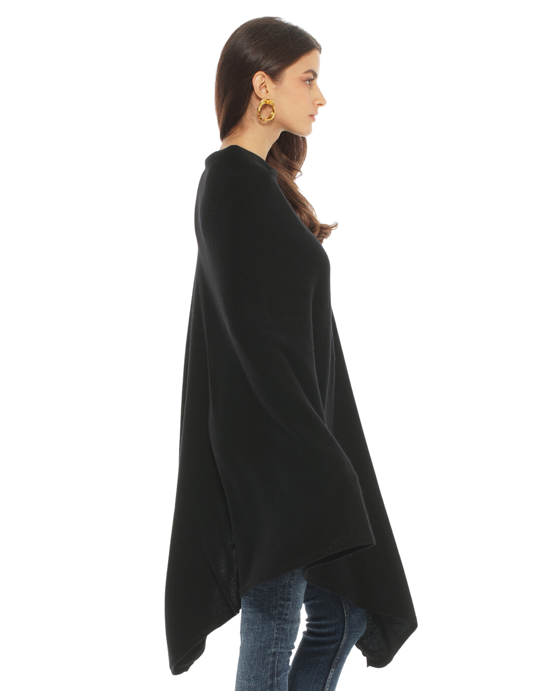 Monticelli Women's Long Pure Cashmere Poncho Made In Italy Black 3